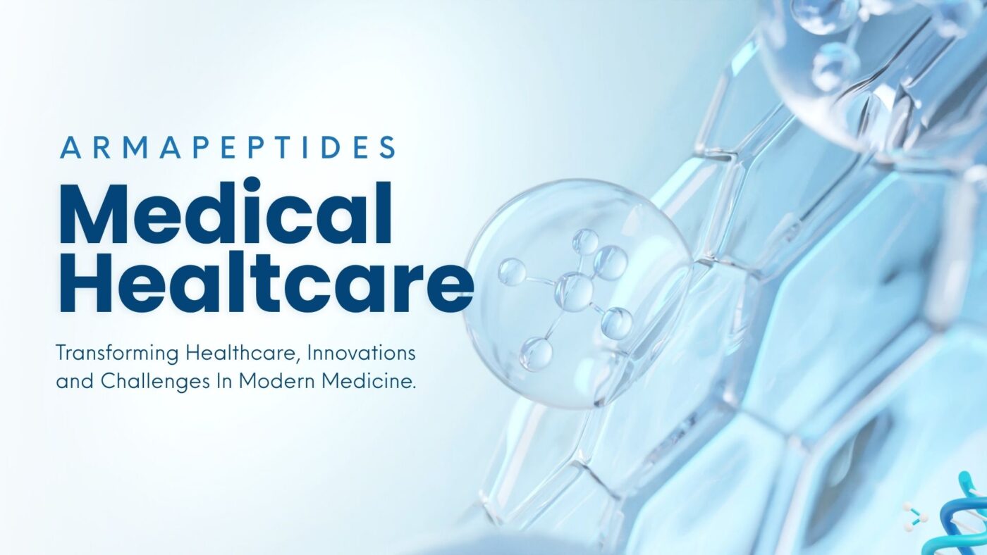 Blue and white medical healthcare presentation slide with molecular imagery and bold 'Medical Healthcare' text, used for ArmaPeptides research materials.