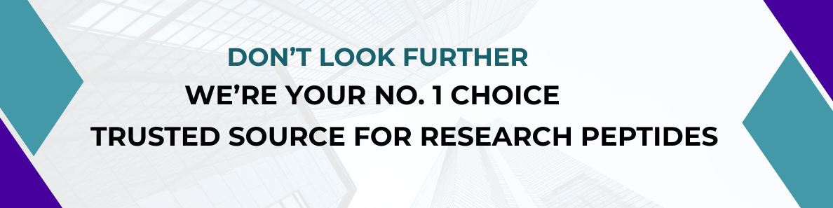 Corporate medical LinkedIn banner with teal blue and white design featuring text about research peptides.