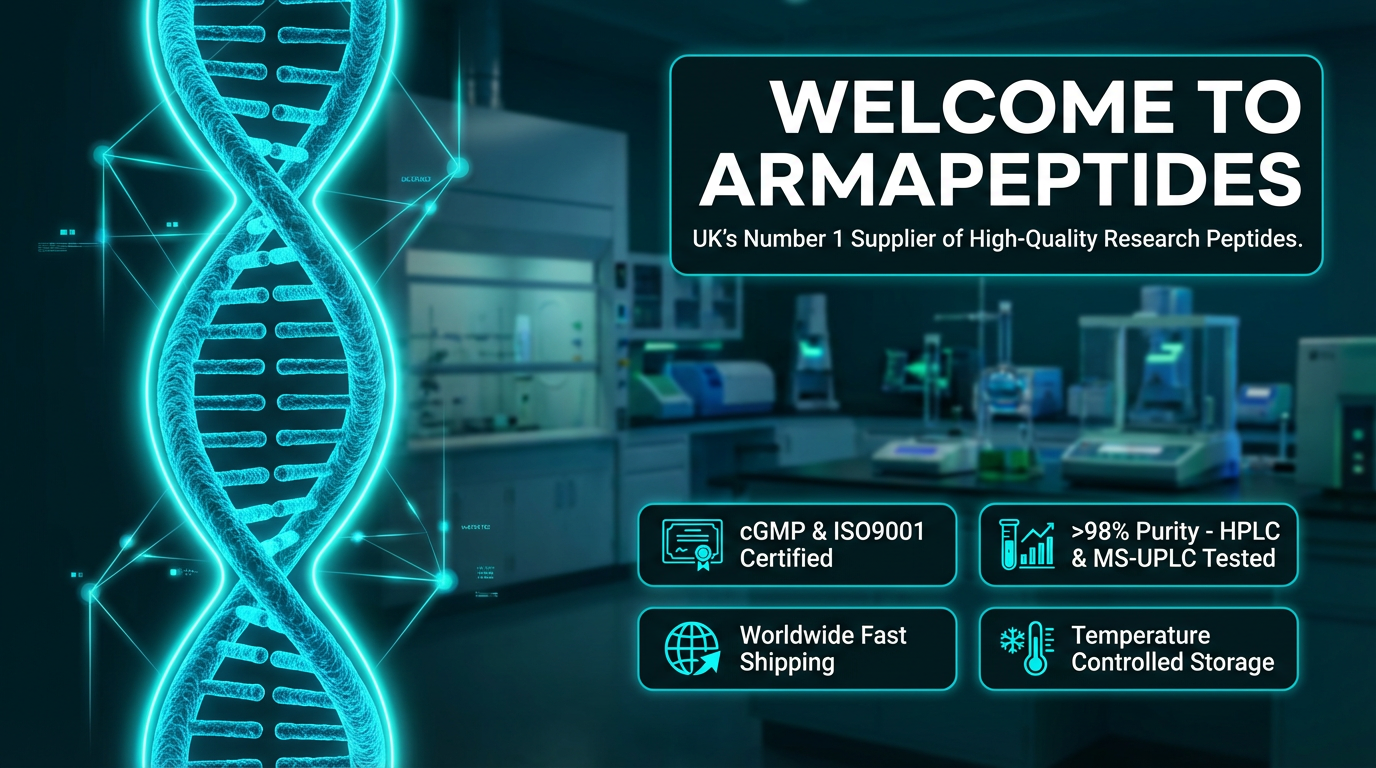 Arma Peptides UK number one peptide supplier banner featuring glowing DNA helix with product listing BPC-157 NAD+ GHK-CU IPAMORELIN HCG REVYTAL MOTS-C