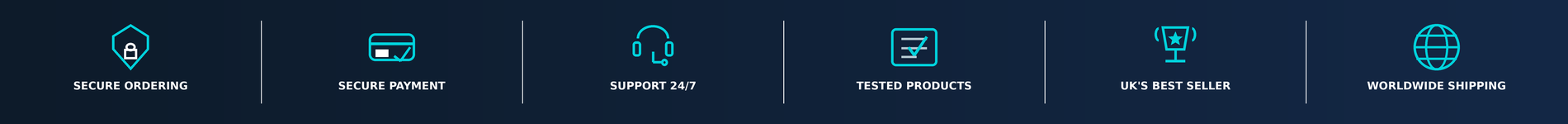 Arma Peptides banner with a dark blue background and cyan icons, featuring terms like Secure Ordering, Secure Payment, Support 24/7, Tested Products, UK’s Best Seller, Worldwide Shipping, and references to NAD+ and Melanotan 2 Acetate