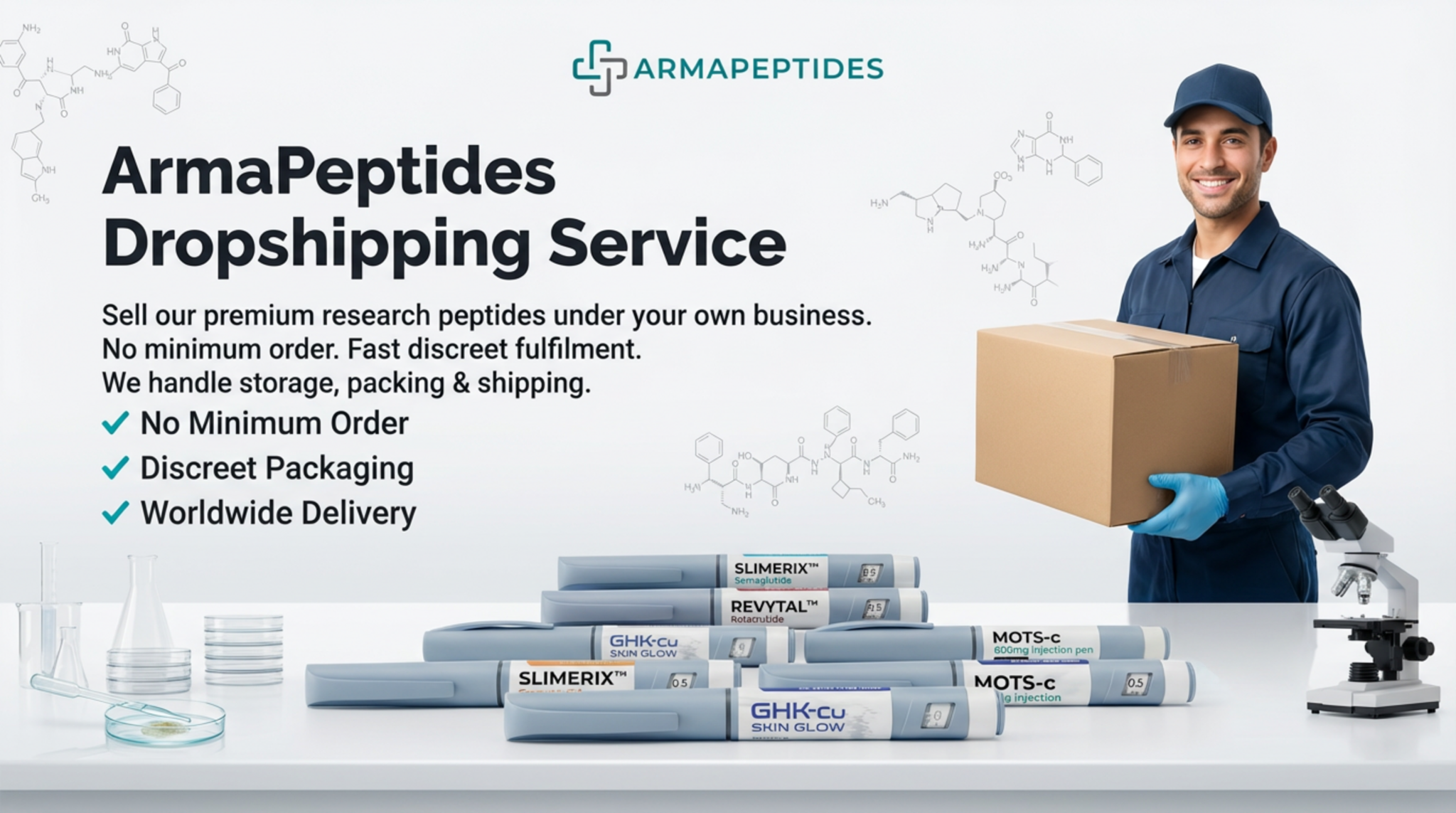 Arma Peptides UK number one peptide supplier banner featuring glowing DNA helix with product listing BPC-157 NAD+ GHK-CU IPAMORELIN HCG REVYTAL MOTS-C dropshipping