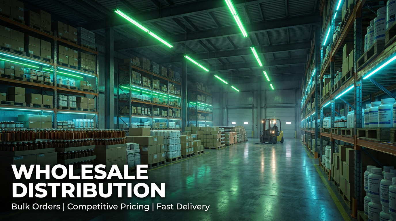 Arma Peptides warehouse distribution scene with tall shelves stocked with boxes and bottles under neon-green lighting, conveying a large-scale, organized logistics environment.