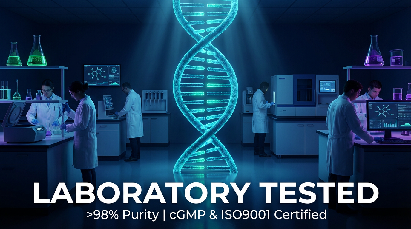 Blue-lit laboratory scene with scientists at workstations and a glowing DNA double helix centerpiece, reflecting Arma Peptides’ high-purity research environment