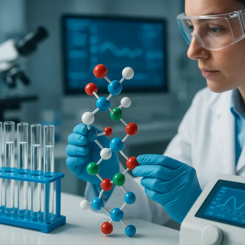 Arma Peptides lab scene: a scientist with blue gloves holds a colorful molecular model (red, blue, green, white spheres) in front of a digital monitor.