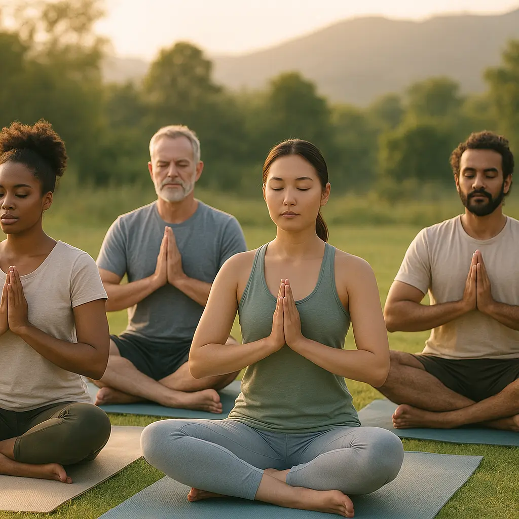 Diverse individuals practicing yoga outdoors for wellness
