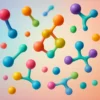Colorful, abstract molecular shapes with connected spheres in blue, orange, green, purple, and pink hues, representing peptide science and Retatrutide Revytal concepts.