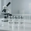 Three glass vials labeled BPC-157, TB-500 and GLP-1 stand on a lab bench with a blurred microscope in the background, highlighting peptide research components.