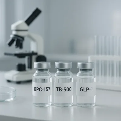 Three glass vials labeled BPC-157, TB-500 and GLP-1 stand on a lab bench with a blurred microscope in the background, highlighting peptide research components.