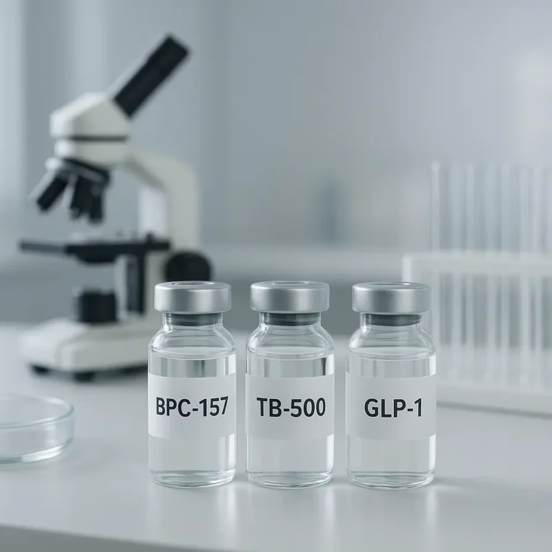 Three glass vials labeled BPC-157, TB-500 and GLP-1 stand on a lab bench with a blurred microscope in the background, highlighting peptide research components.