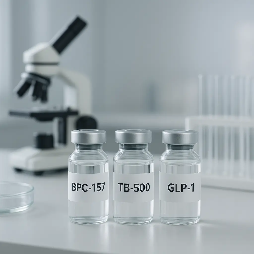 Laboratory workspace with peptide vials BPC-157, TB-500, and GLP-1