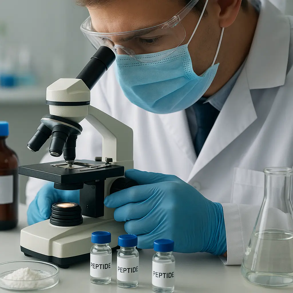 Researcher analyzing peptides under a microscope