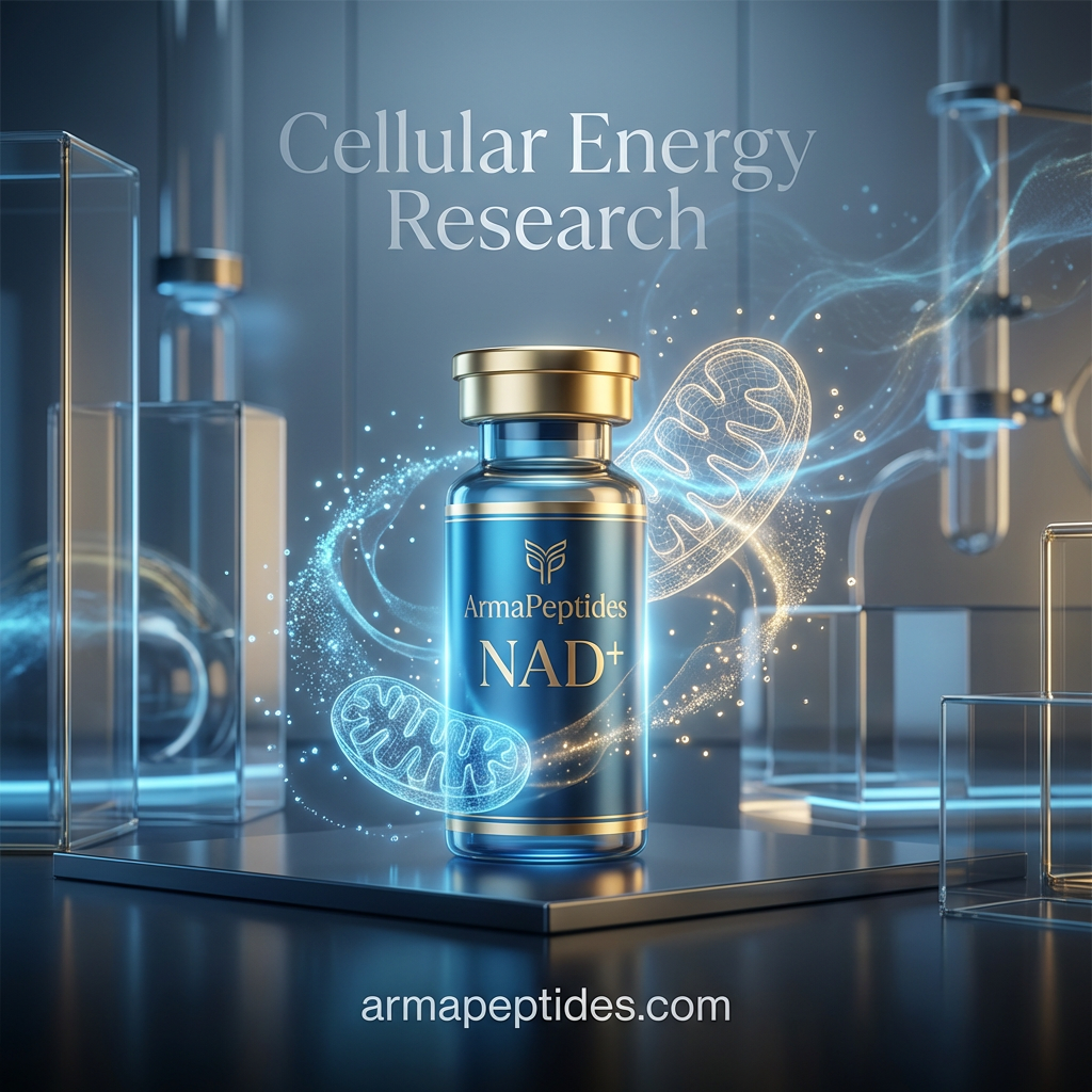 ArmaPeptides NAD+ vial in blue glass with gold cap and lab glassware, with Cellular Energy Research text and molecular glow background.