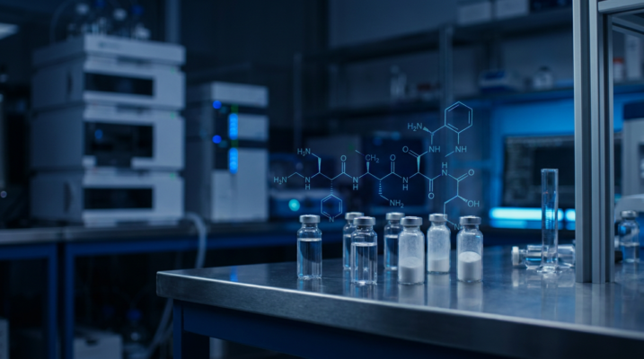 Research peptide vials and HPLC laboratory equipment for retatrutide triple agonist study — Arma Peptides UK (109 chars)