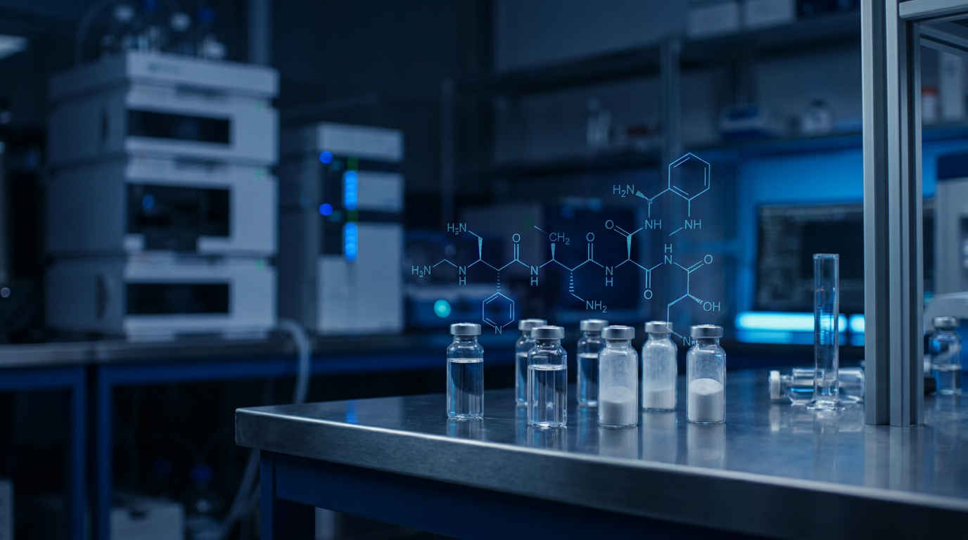 Research peptide vials and HPLC laboratory equipment for retatrutide triple agonist study — Arma Peptides UK (109 chars)