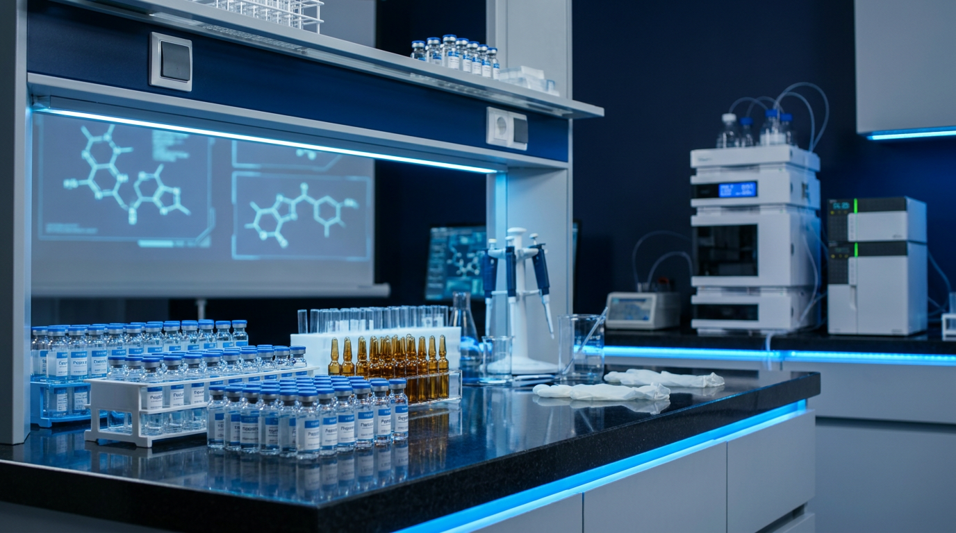 Three research peptide vials on lab bench — semaglutide, tirzepatide, retatrutide comparison guide UK