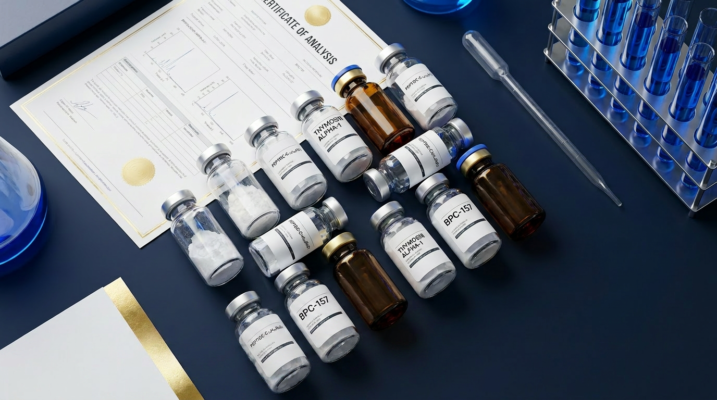 esearch peptide vials and Certificate of Analysis documents on dark laboratory surface — UK peptide supplier guide 2026