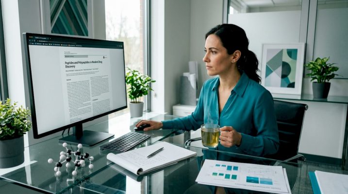 Scientist examining peptide and polypeptide research article