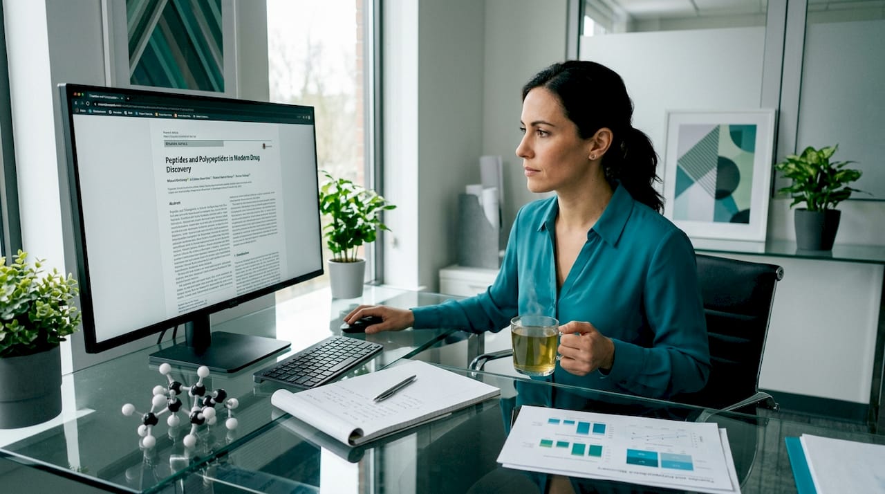 Scientist examining peptide and polypeptide research article