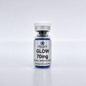 GLOW 70mg triple-peptide blend vial — BPC-157, TB-500 and GHK-Cu, ≥99% purity, UK supplier Arma Peptides