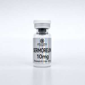 Sermorelin 10mg lyophilised research peptide vial — GHRH(1–29) analogue, supplied by Arma Peptides UK