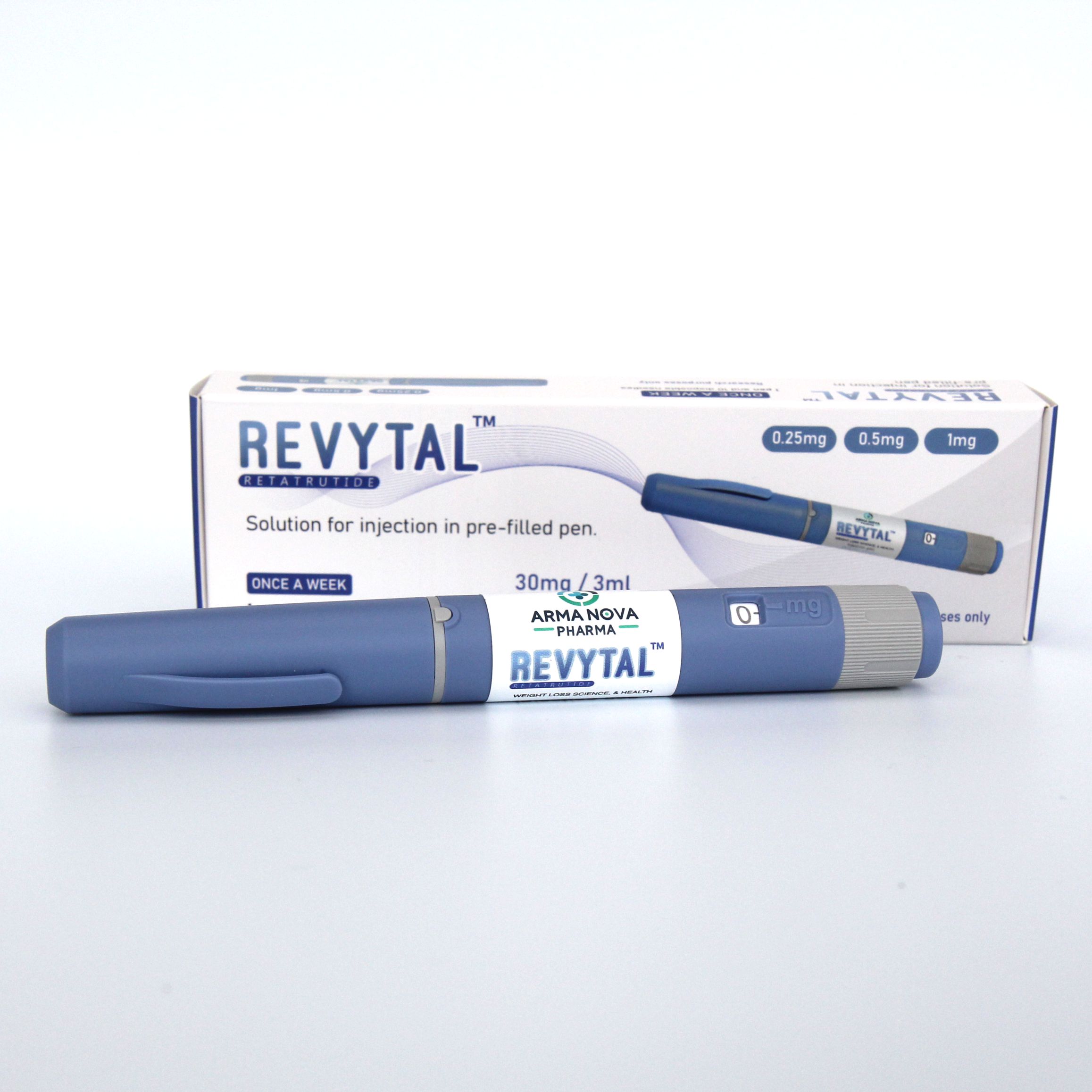 REVYTAL-1 armapeptides REVYTAL RETATRUTIDE 30MG pen-style injector by ARMANOVA Pharma – blue and white packaging